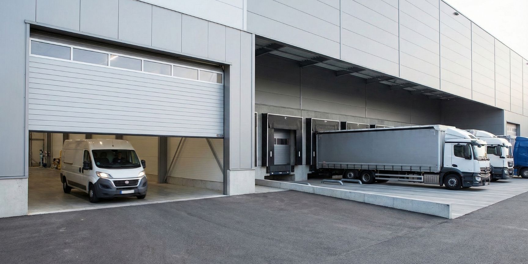 Außenansicht einer modernen Logistikimmobilie, die sowohl ein großes, ebenerdiges Jumbo-Tor mit einem herausfahrenden Transporter als auch mehrere klassische Laderampen (Docks) mit angedockten LKW zeigt.